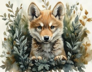 Obraz premium Curious young fox cub peeking through leafy green and brown foliage, front paws resting on leaves, soft watercolor portrait with gentle direct gaze and fluffy fur