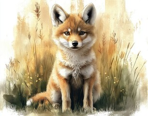 Fototapeta premium young red fox sitting among tall grasses and small wildflowers with a calm, curious gaze in warm watercolor tones