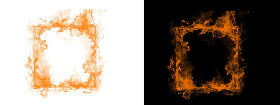 Glowing Orange Fire Flame Square Frame Border on White and Black Background