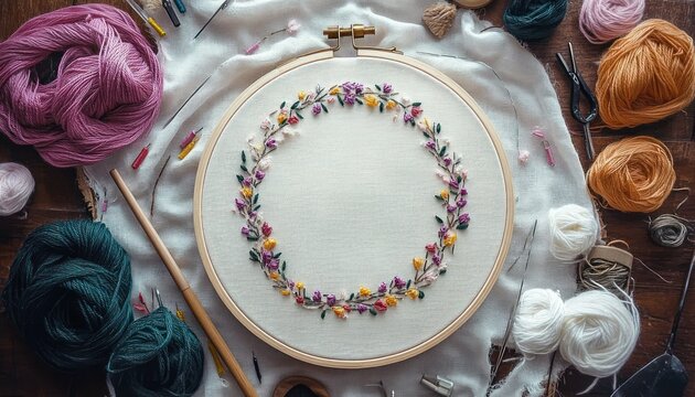 hand-stitched floral wreath in wooden embroidery hoop surrounded by colorful yarn balls, needles, scissors and tools on fabric, cozy creative calm