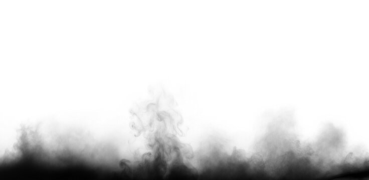 Dense black smoke rising from the bottom edge of the frame creates a dramatic atmosphere with swirling patterns and soft textures against a clean and bright pure white background surface.