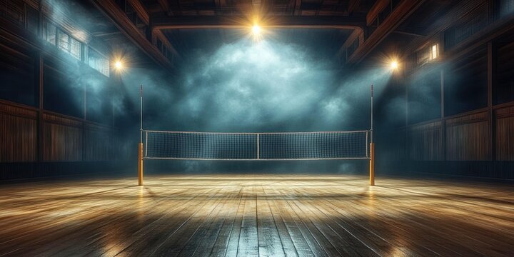 Empty wooden gymnasium with a centered volleyball net under dramatic spotlights and drifting fog, silent and moody atmosphere of solitude and anticipation