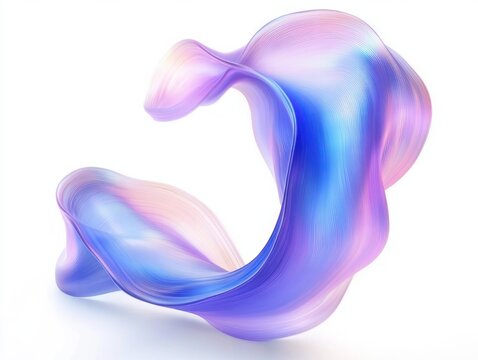 flowing iridescent ribbon-like abstract shape in pastel blue, purple and pink floating on white background conveying graceful dreamy serenity