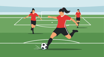 Obraz premium Female soccer player kicking ball on green field, women's football match, active lifestyle