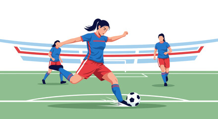 Fototapeta premium Female Soccer Player Kicking Ball on Stadium Field