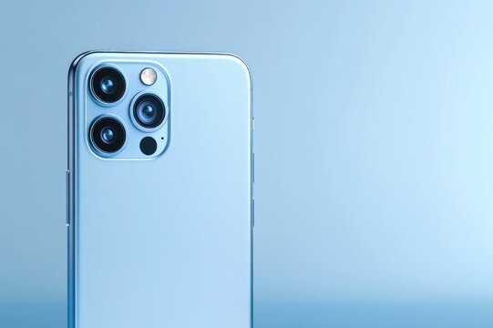 sleek light blue smartphone back showing triple camera lenses and flash on a minimalist gradient background, modern premium and refined mood