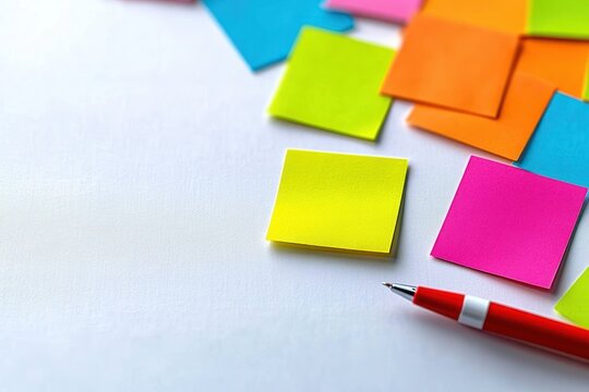 bright colorful sticky notes scattered on a white surface with a red pen suggesting creative planning and organized brainstorming