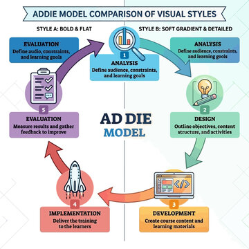 Educational model comparison infographic showcasing learning goals, analysis, design, development, implementation, and evaluation stages.