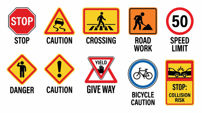 Road traffic signs collection, set of 10 safety warning icons, stop and caution street signals, flat vector highway regulatory symbols for navigation