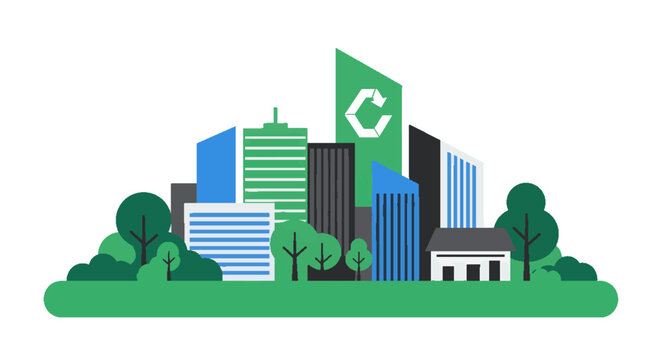Sustainable city illustration with modern buildings, green trees, and recycling symbol. Eco-friendly urban development and environmental conservation.