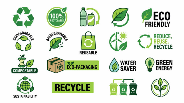 Eco friendly recycling icons set, green sustainability labels and biodegradable symbols vector, organic packaging and renewable energy signs