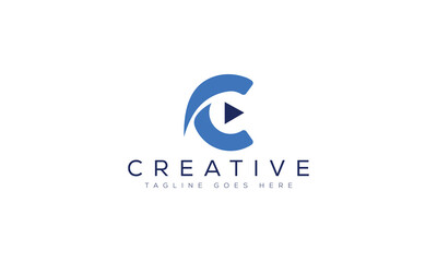 Fototapeta premium Abstract blue letter c logo with play button icon for media or tech company