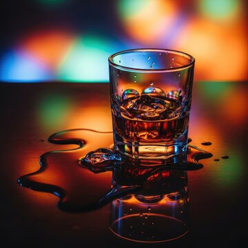 A severely blurred and disoriented close-up view of a beverage glass and spilled liquid suggesting heavy intoxication and excessive drinking, impaired, vision, impairment