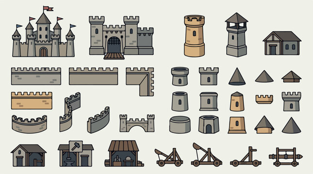 Medieval castle vector set, ancient fortress architecture elements, stone kingdom building kit with towers and walls, fantasy game assets
