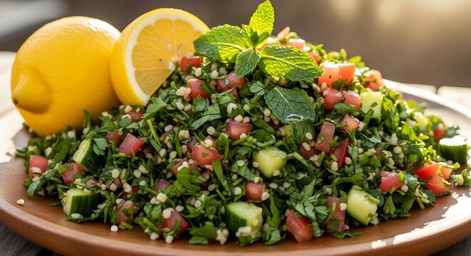 Fresh tabbouleh salad with chopped parsley tomatoes cucumbers mint and bulgur served on a wooden plate with a lemon slice