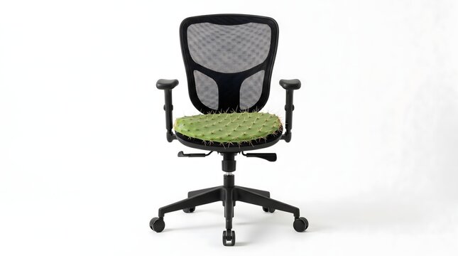 A black office chair with a prickly green cactus seat serves as a biting visual metaphor for the intense discomfort, job burnout, and hostile environments found in modern professional life.