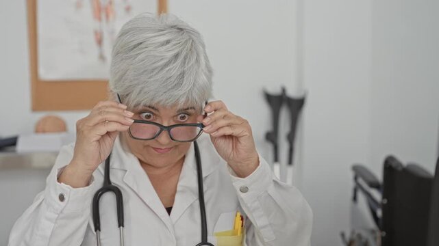 Woman doctor adjusting glasses and smiling with stethoscope in clinic building with anatomical chart and crutches visible; compassion.