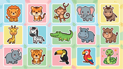 Naklejka premium Cute safari animal stickers set, 15 cartoon jungle wildlife icons for kids, colorful zoo animal character collection, flat vector illustration