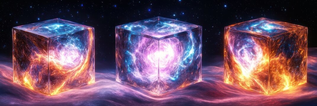 Three glowing transparent cubes containing swirling cosmic nebulae and fiery energy cores above a wavy surface under a starry sky, evoking wonder and mysticism