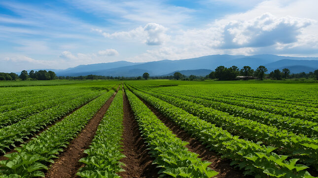 Rows of green crops in a vast agricultural field with mountains in the distance under a blue sky