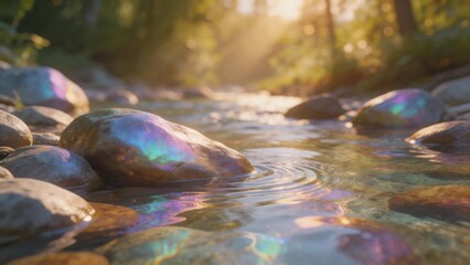 Naklejka premium Stream with iridescent rocks in forest