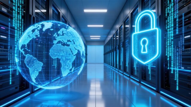 Server room with digital globe and lock