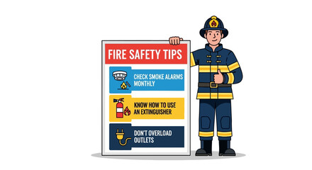 Fototapeta premium Firefighter Holding Fire Safety Tips Poster Illustration