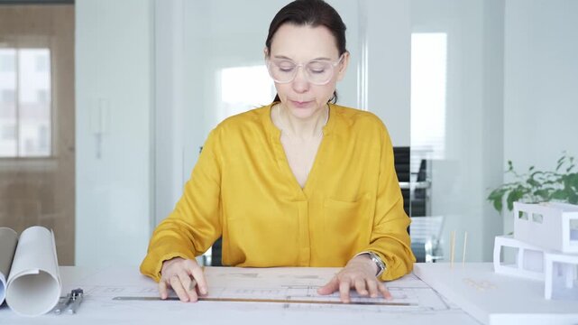 Female architect working on blueprint project, designing residential building with compass and scale model. Architecture and business concept