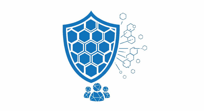 A shield with a honeycomb pattern protects people from molecular structures.