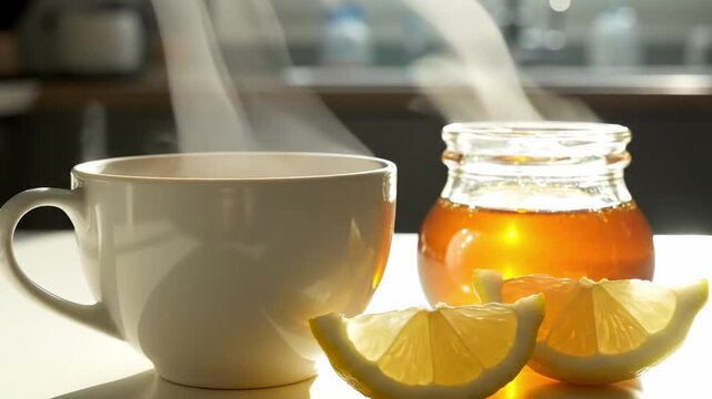 Organic honey and lemon for natural wellness with steaming tea cup, glowing amber jar, fresh citrus wedges, airy curtain movement, bright kitchen sunlight, cozy clean morning drink ritual scene
