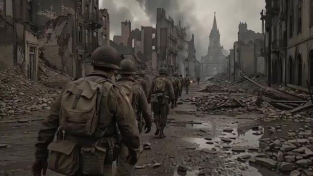 American soldiers walking through destroyed city streets during world war two combat mission.