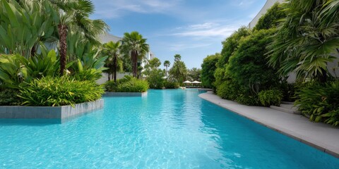 Fototapeta premium Luxurious tropical resort pool amidst lush greenery under clear blue sky