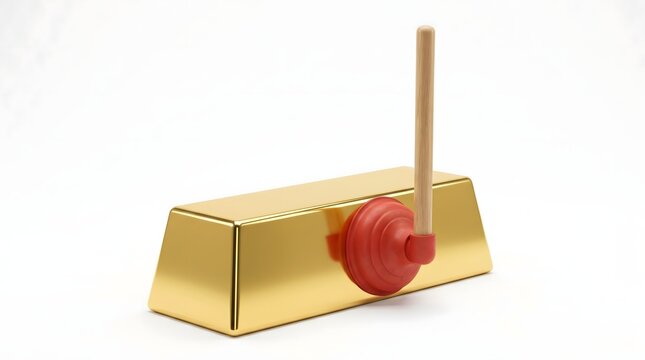 A red rubber plunger attached to a solid gold bullion bar, symbolizing the conceptual struggle to unblock financial flow or the suction of debt against a backdrop of pure wealth.