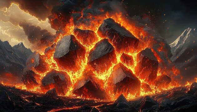 Pile of massive glowing boulders rupturing with molten lava and roaring flames, smoke and embers rising against dark mountain peaks, intense apocalyptic drama