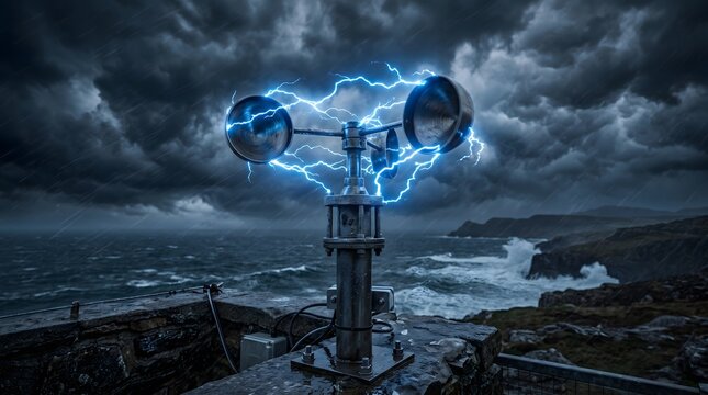 A metallic anemometer channels electric lightning against a dark, stormy coast, a powerful metaphor for capturing the invisible force of nature and harnessing raw power from chaos.