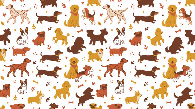 Dog pattern seamless vector illustration of various breeds with bones and hearts high quality professional detailed