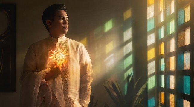 Man in traditional Filipino barong shirt with sun symbol in colorful window light