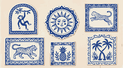 Blue and white vintage tile illustrations of animals sun and tropical plants high quality professional detailed © Colourfull