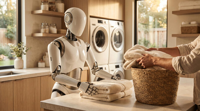 Humanoid robot folding white towels inside home laundry room domestic appliance.