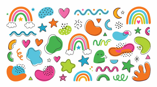 Colorful hand drawn doodle pattern with rainbows hearts stars and clouds on white background high quality