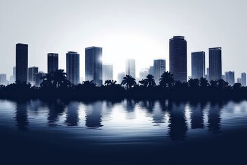 Naklejka premium Silhouetted modern skyline of highrise buildings and palm trees reflected on calm water at sunrise, serene tranquil urban waterfront scene