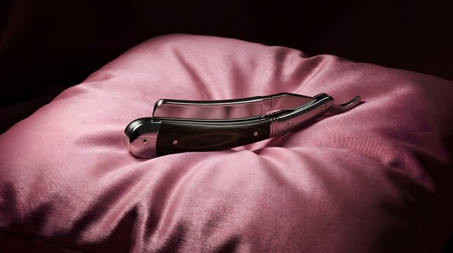 A gleaming straight razor with a dark wooden handle rests upon a luxurious pink silk cushion, a striking metaphor for the razor-thin margin between absolute comfort and lethal precision.