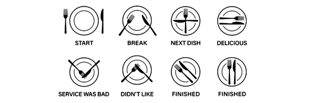Fork, knife, dish icon set. Tableware setting, dining etiquette, table manner symbol. Plate and cutlery for dinner. Vector illustration.