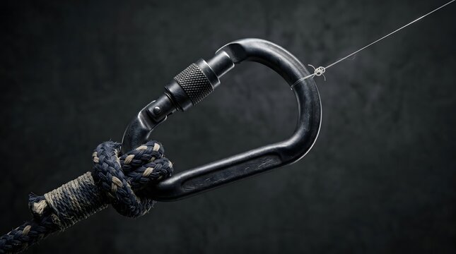 A heavy industrial carabiner and thick climbing rope are held in a precarious tension by a single, translucent thread, a visual metaphor for hanging by a thread or hidden vulnerability.