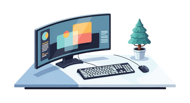 A computer monitor displays a colorful graph on a cluttered office desk with a keyboard, mouse, and small potted tree.