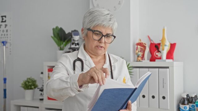 Woman doctor holding a book and turning pages with stethoscope visible in a clinic building; focused study.