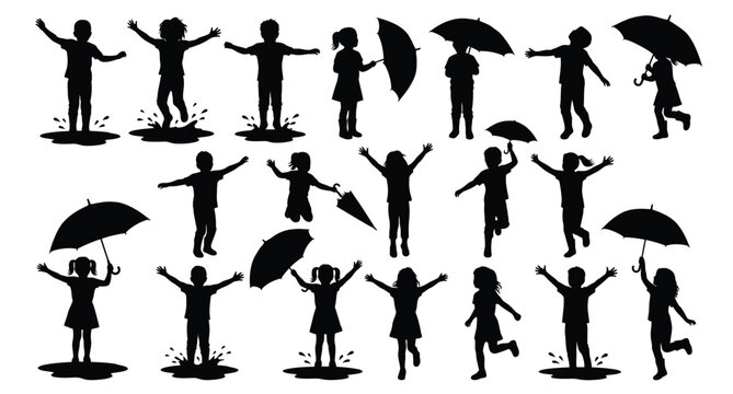 Collection of children playing in rain silhouettes .eps