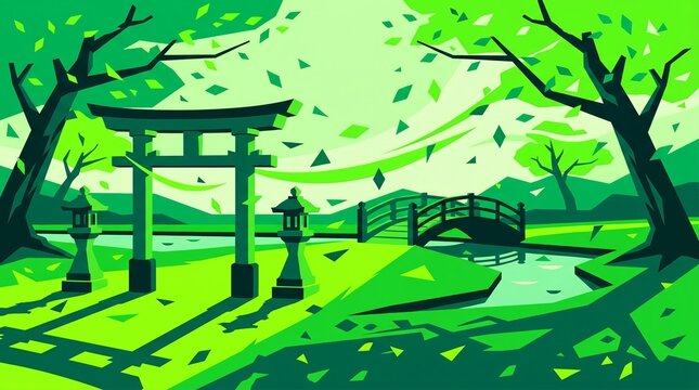 Windy Day In A Traditional Japanese Park With Torii Gate