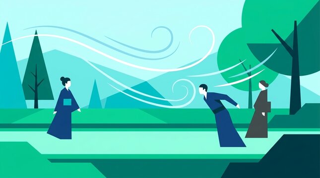 People In Traditional Japanese Clothing In A Windy Park