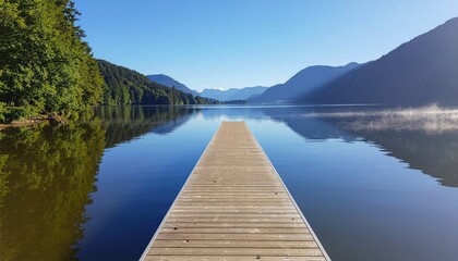 Fototapeta premium Wooden Dock Extending into a Serene Mountain Lake on a Clear Day.